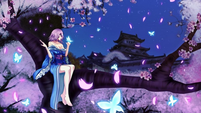 Saigyouji Yuyuko from Touhou sitting on a tree branch