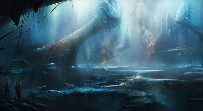 Alien cave with astronauts and strange structures