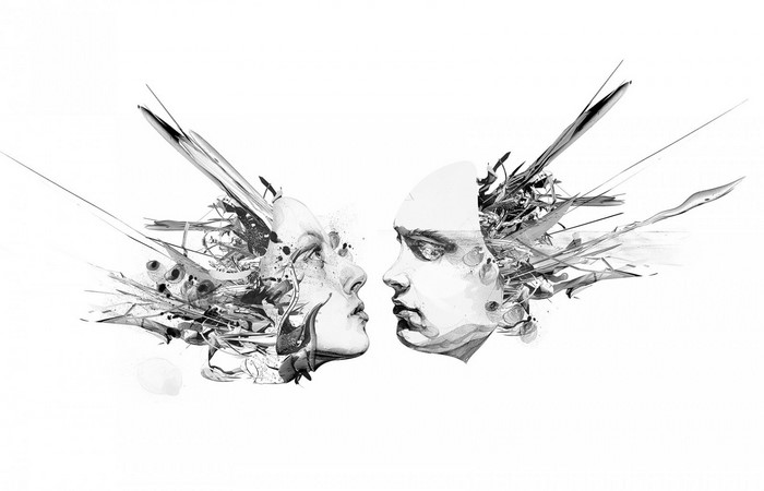 Two abstract faces with wings and debris