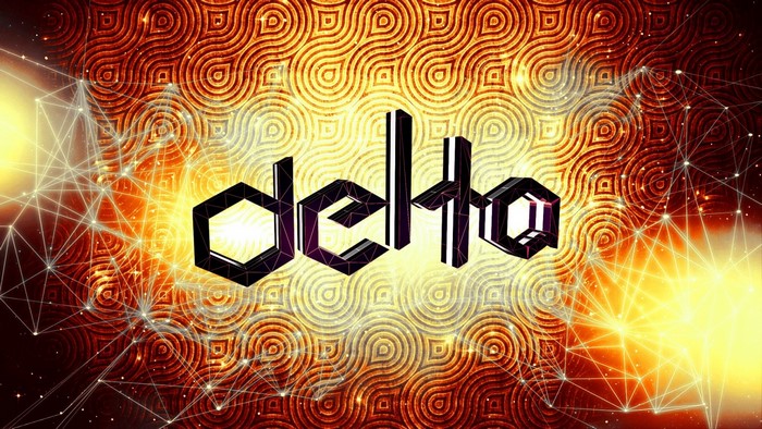 Delta text with geometric pattern and wireframe
