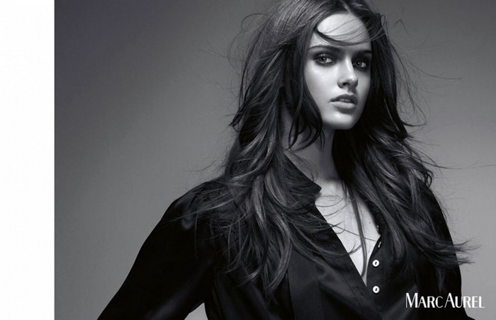 Model in black shirt with Marc Aurel logo