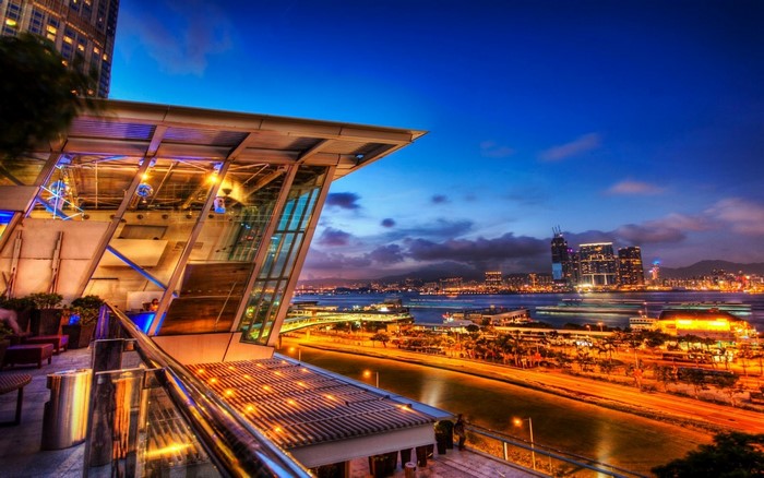 Hong Kong cityscape at dusk with modern architecture