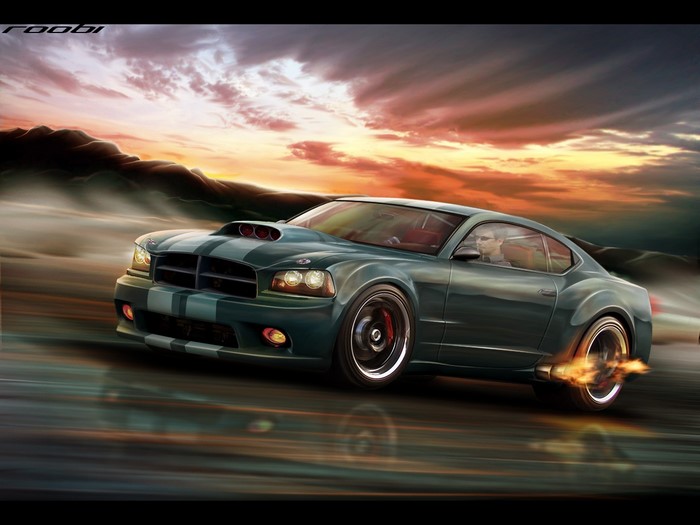 Green Dodge Charger muscle car racing at sunset