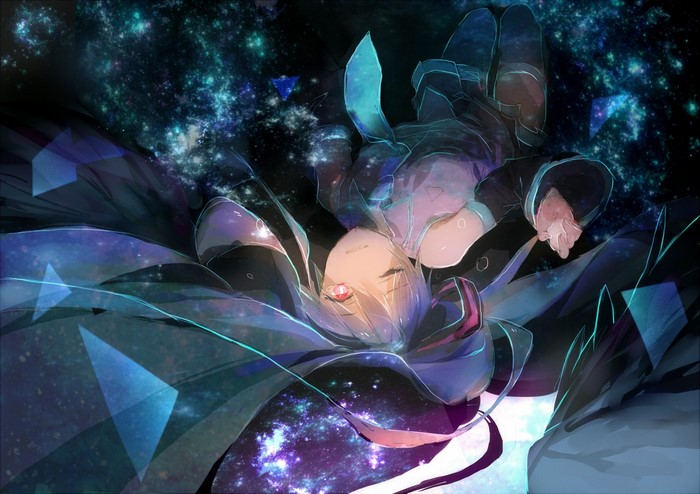 Hatsune Miku floating in a cosmic background