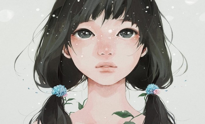 Anime girl with black hair and blue flowers