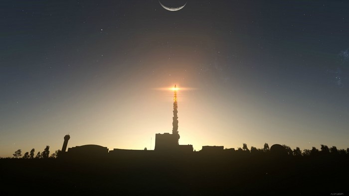 Rocket Launch at Dusk with Crescent Moon