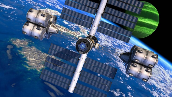 Space station orbiting Earth with a watermelon planet
