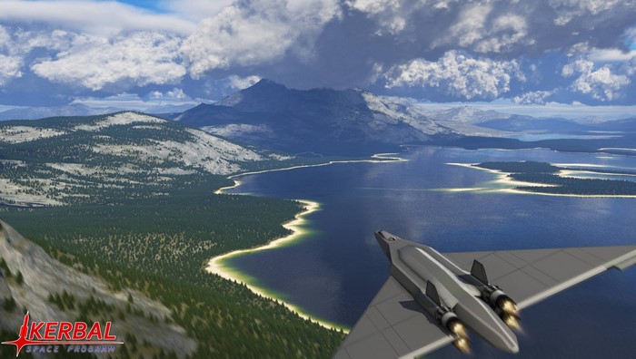 Kerbal Space Program airplane flying over a lake and mountains