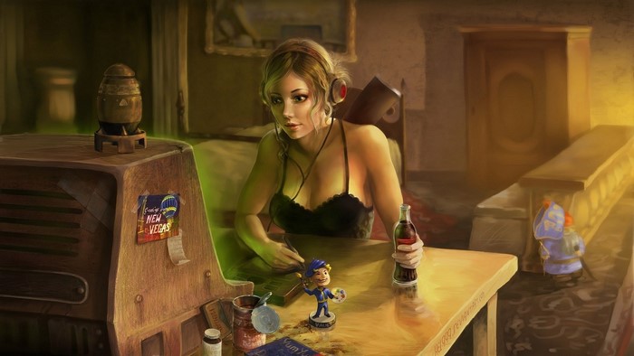 Woman with headphones drawing in a room with Fallout memorabilia