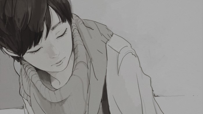 Monochrome sketch of a person with eyes closed