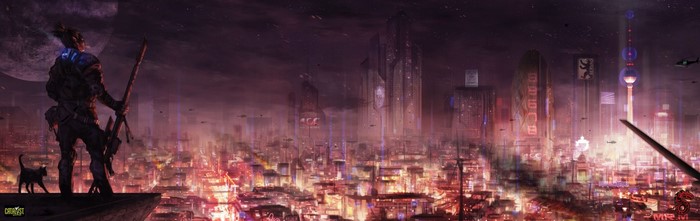 Cyberpunk character with rifle overlooking a futuristic city at night
