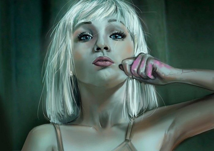 Artwork of a woman with blonde hair and blue eyes