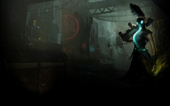 Cyberpunk character with gas mask and rifle in rainy city