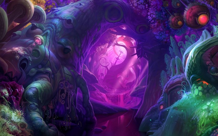 Fantasy art of a psychedelic alien forest
