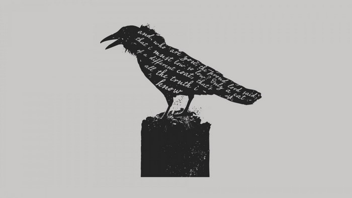 Silhouette of a raven with text on a gray background