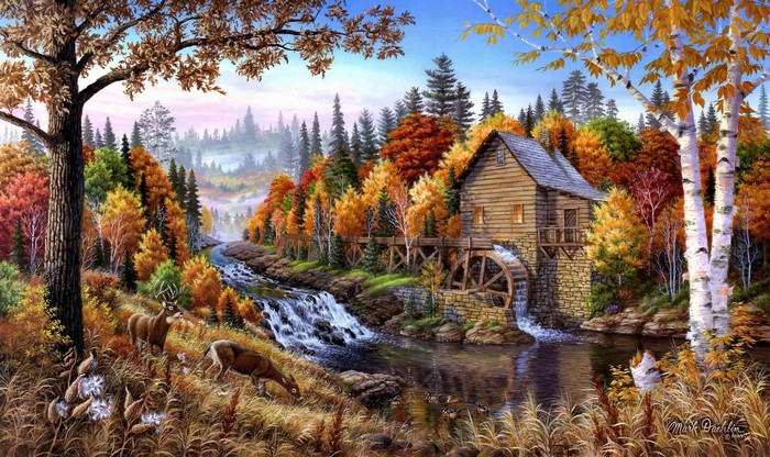 Autumn landscape with a watermill and deer