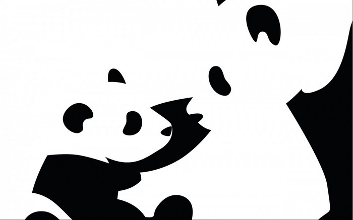 Two pandas, one adult and one baby, in black and white illustration