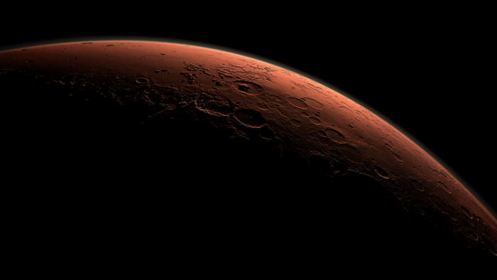 Mars planet surface with craters in space