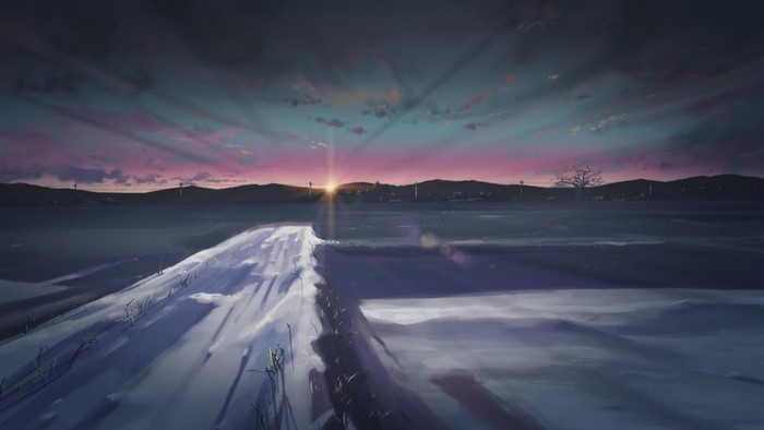 Anime winter landscape at sunrise with snow and mountains