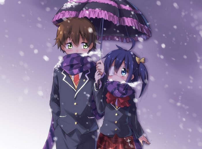 Togashi Yuuta and Takanashi Rikka from Chuunibyou demo Koi ga Shitai in winter