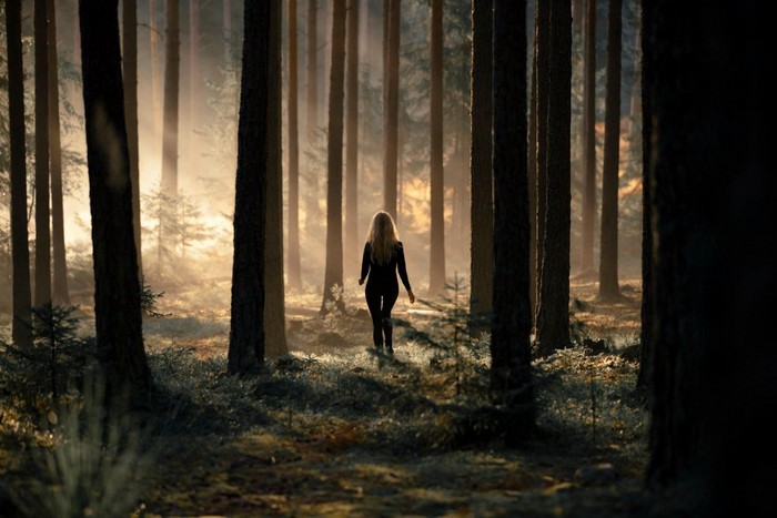 Woman walking in a sunlit forest