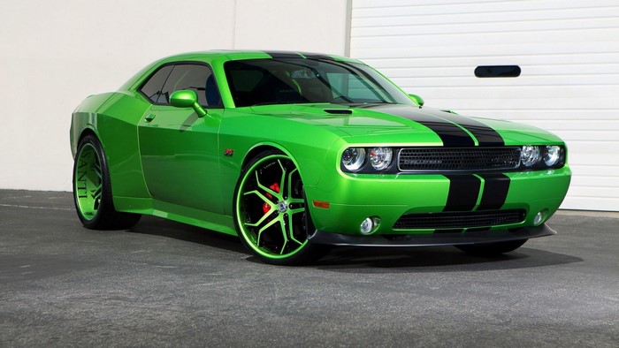 Green Dodge Challenger with Black Stripes