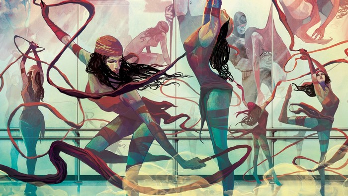 Elektra Natchios and Daredevil characters in a dance studio