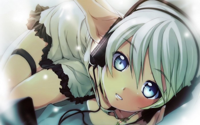 Anime girl with white hair and headphones