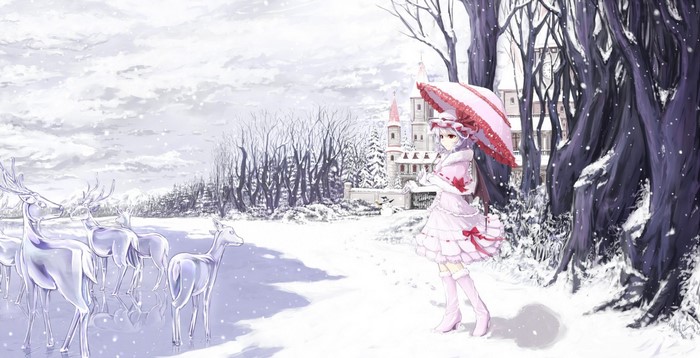 Patchouli Knowledge from Touhou in a snowy forest with deer