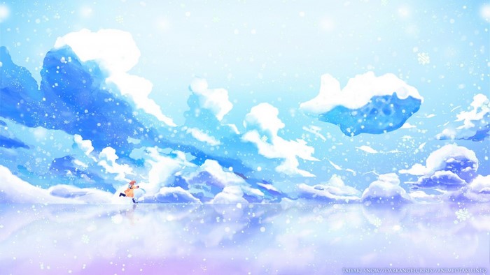 Anime girl running on ice with snow clouds