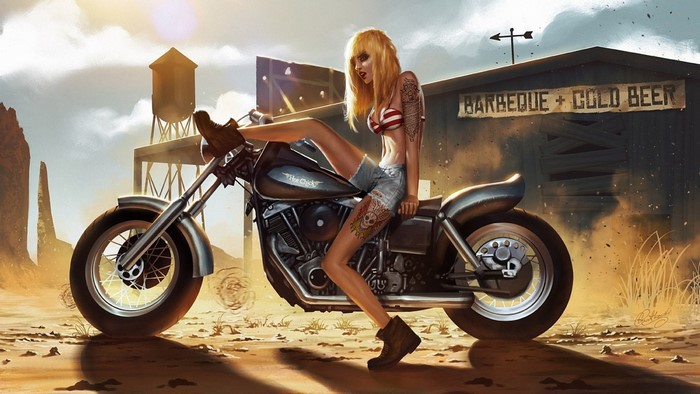 Woman on a motorcycle in a desert setting