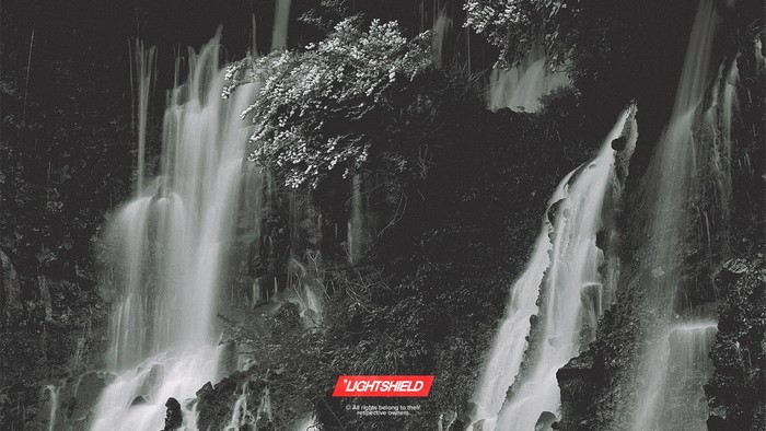 Monochrome waterfall with lush foliage and a logo