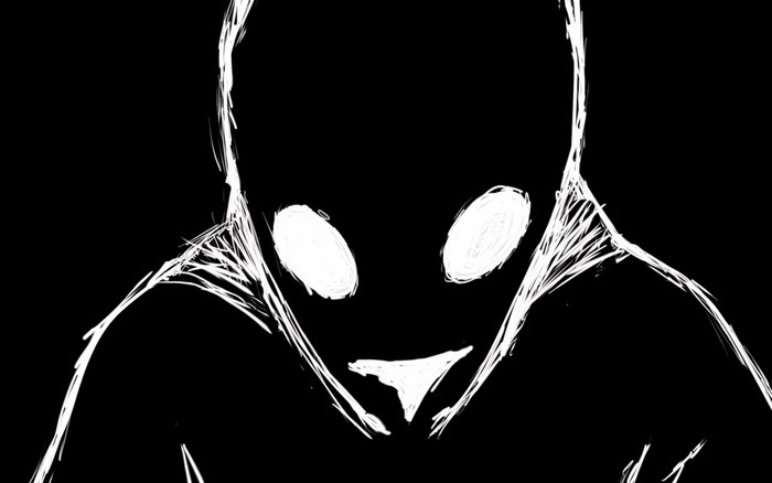 Monochrome sketch of a shadowy figure with glowing eyes