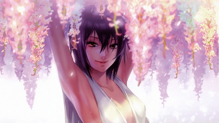 Anime girl with dark hair under pink flowers