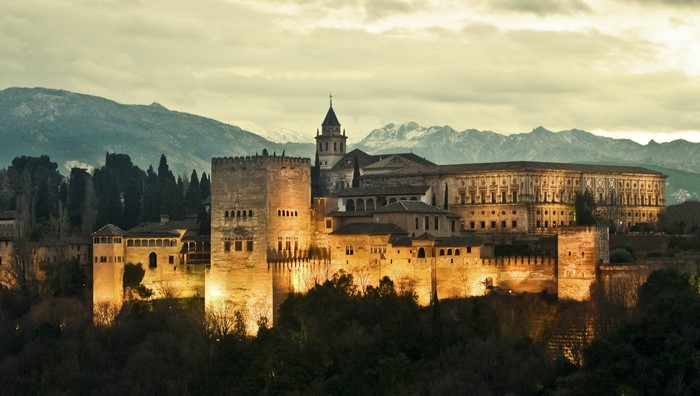 The Alhambra fortress in Granada, Spain at sunset