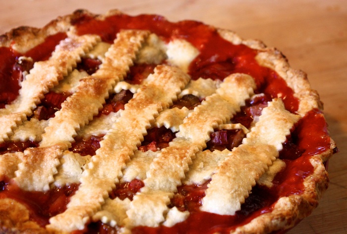 Close-up of a lattice-top rhubarb pie
