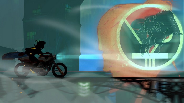 Red Transistor: Character on Motorcycle in City