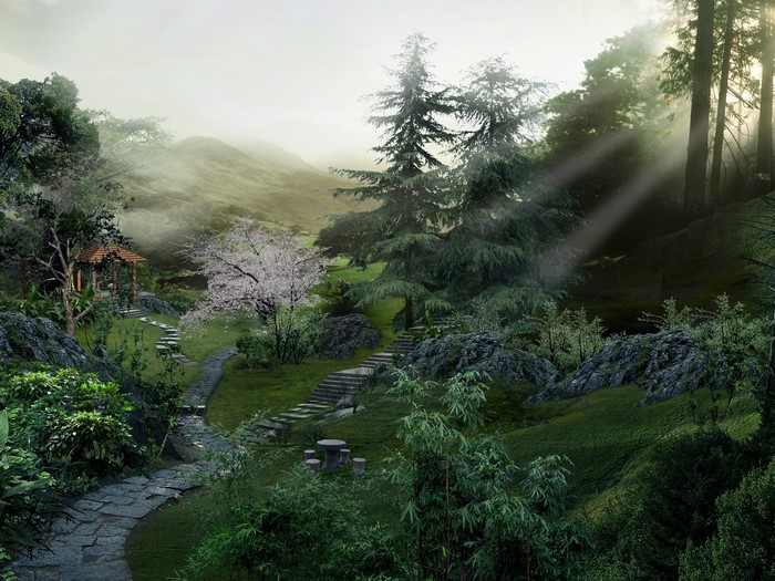 Misty forest garden with sun rays and a gazebo