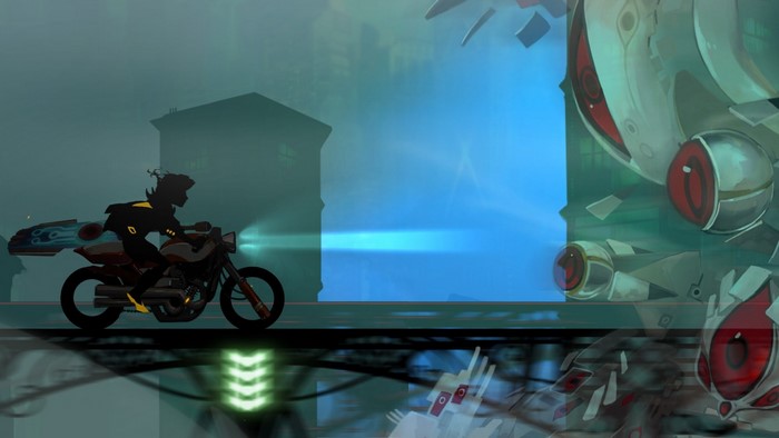 Red Transistor character on a motorcycle