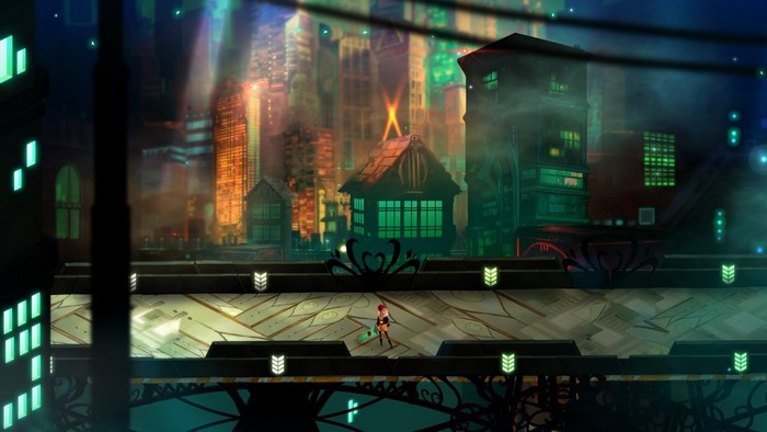 Red from Transistor in a futuristic city