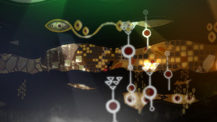 Red from Transistor in a dark, abstract landscape