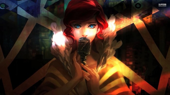 Red from Transistor holding a microphone