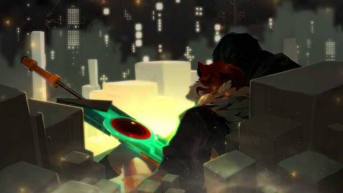 Red from Transistor in a futuristic city