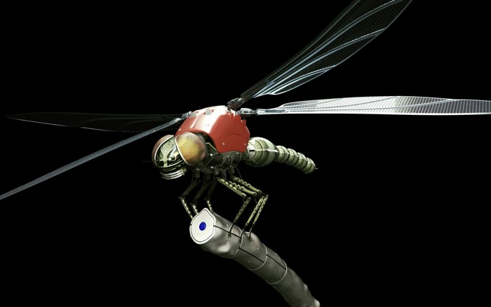 Robotic dragonfly perched on a metallic rod
