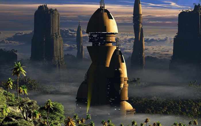 Futuristic towers in a misty jungle landscape at sunrise
