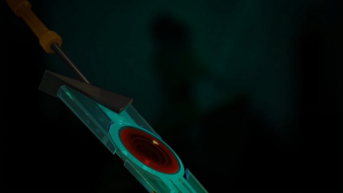 Close-up of a futuristic glowing sword
