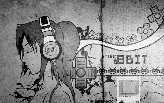 Anime girl with headphones and 8-bit art