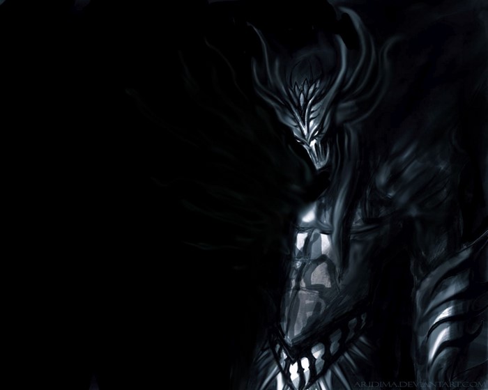 Dark creature with ornate helmet and armor
