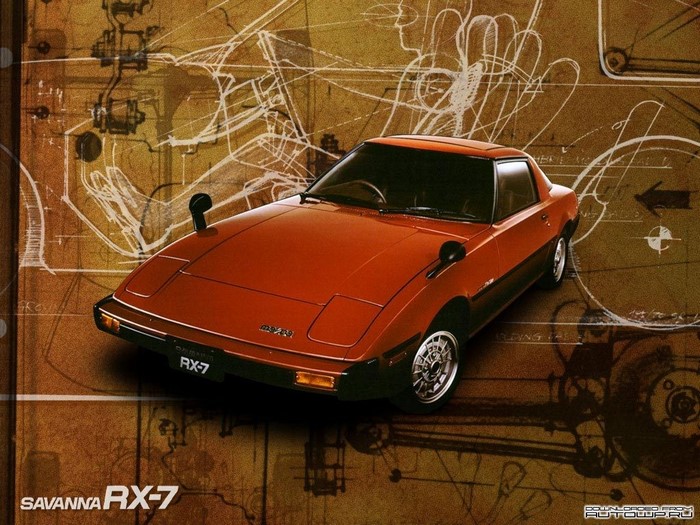 Mazda Savanna RX-7 sports car with blueprints