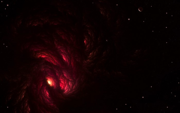 Abstract red nebula in outer space with stars and moons